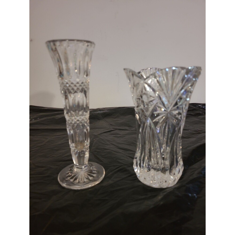 2 Crystal Cut Vases One 6 3/4" Abd One 8" Bud Vase